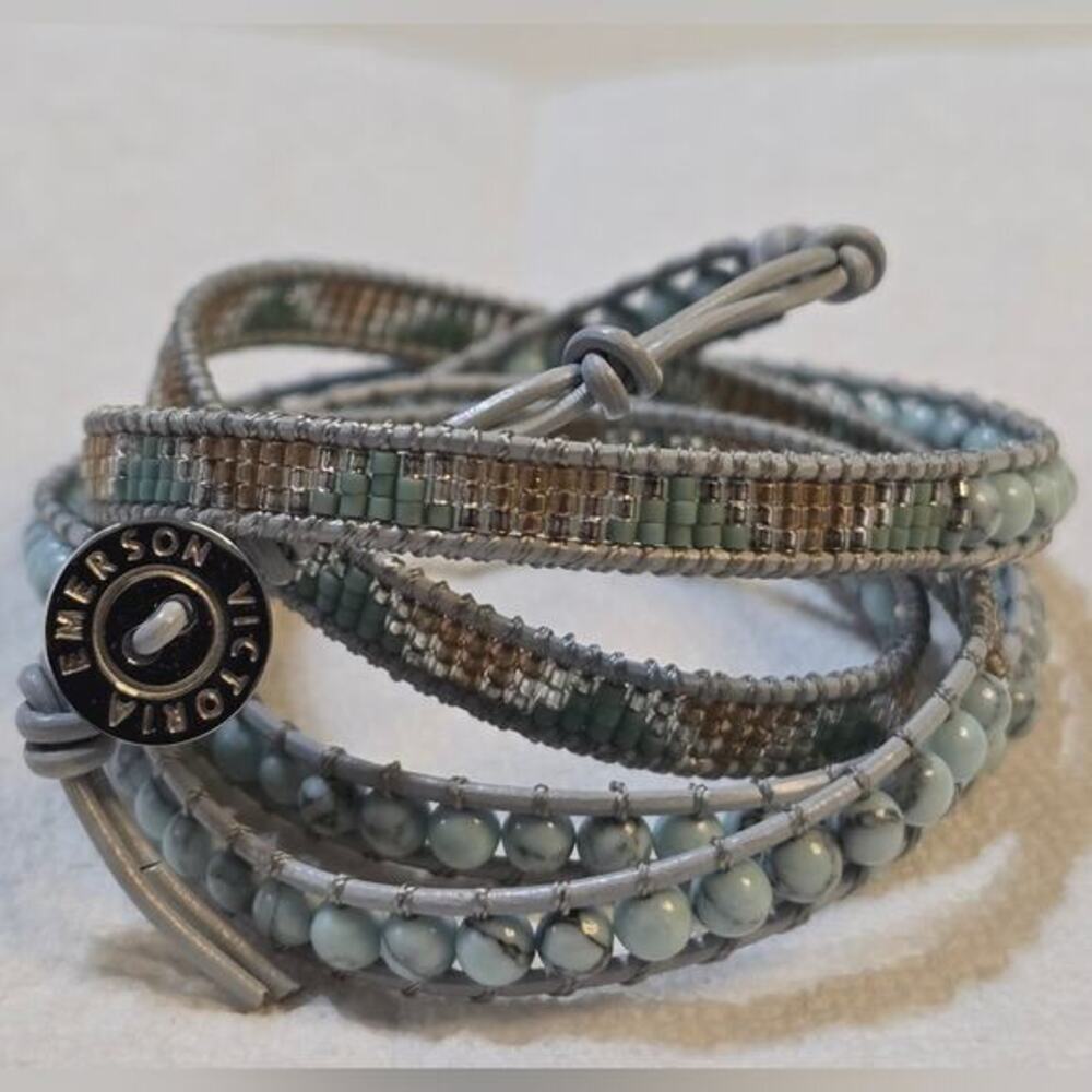 Victoria Emerson Grey Leather and Multi Stone Aztec Wrap Bracelet,‎ 36" Long New
